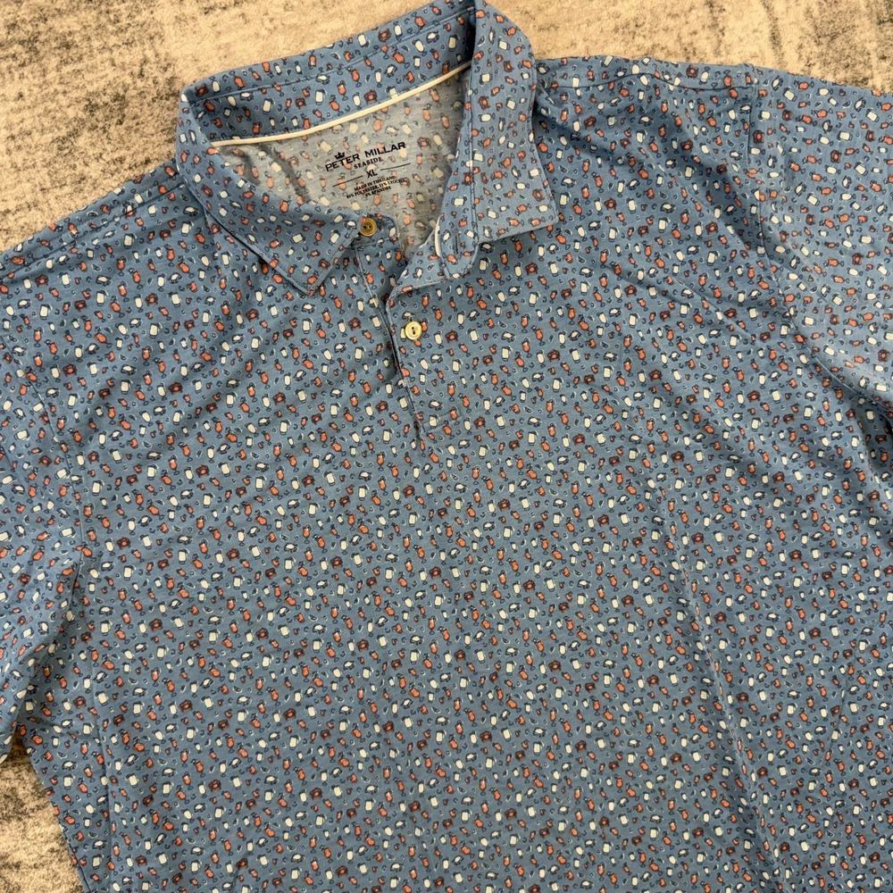 Peter Millar Polo Shirt Mens XL Seaside Stretch Blue Cocktails Drinks Geometric